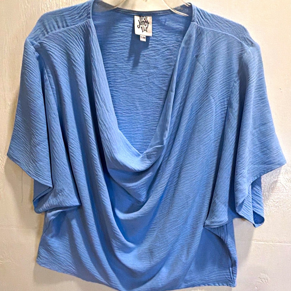 vug jane? Blue S/M Cowl Neck Short Sleeve Kimono Knit Pullover Blouse 650238